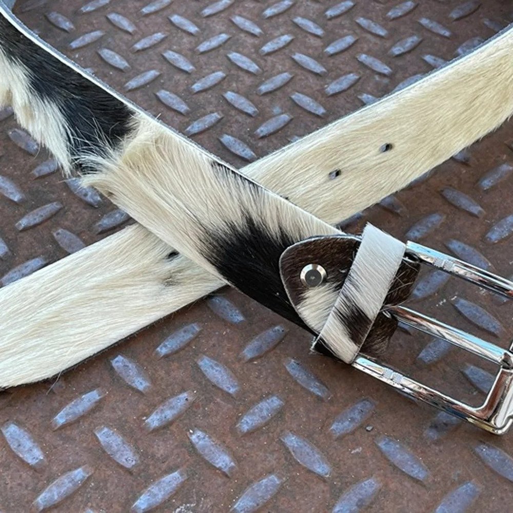 Real Fur Belt WhiteBlack Tone Genuine Leather Waistband Handmade Belt Size 38 - Picture 7 of 7